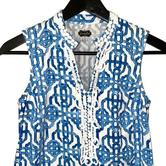 Mud Pie Womens Chain Link Print Sleeveless Tunic Sheath Dress Royal Blue Small - Picture 2 of 8